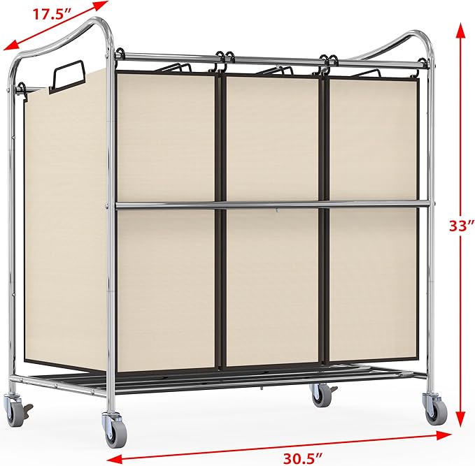 Simple Houseware Heavy-Duty 3-Bag Laundry Sorter Cart, Chrome