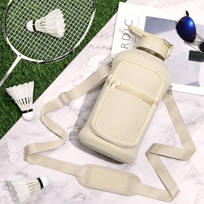 Fimibuke Half Gallon Water Bottle with Sleeve 64 OZ Water Bottle with Handle & Straw Leakproof Motivational Sports Gym Water Bottle with Time Marker BPA Free Water Jug with Reusable Neoprene Holder