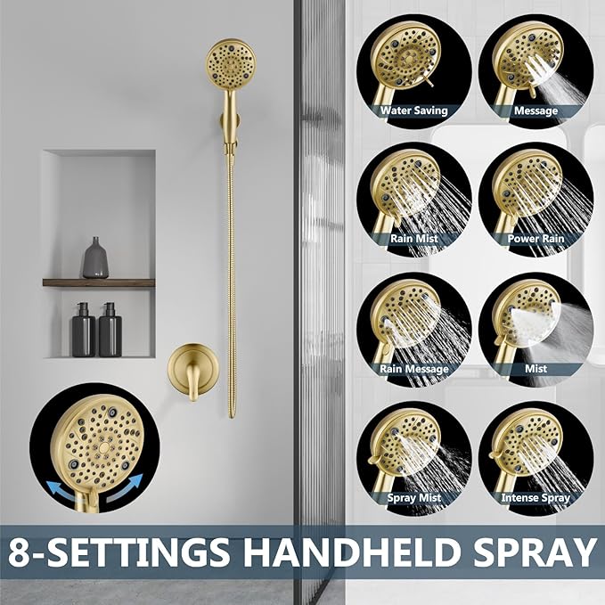 Aolemi Shower Faucet Set Rain Shower Head System Shower Trim Kit Pressure Rough-in Valve Included ABS 8 Setting Single Handheld Spray Brushed Gold