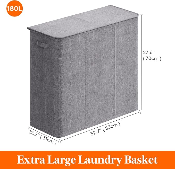 Lifewit Triple Laundry Hamper with Lid and Removable Laundry Bags, Large Collapsible 3 Dividers Dirty Clothes Basket with Handles for Bedroom, Laundry Room, Closet, Bathroom, College, 180L Light Gray