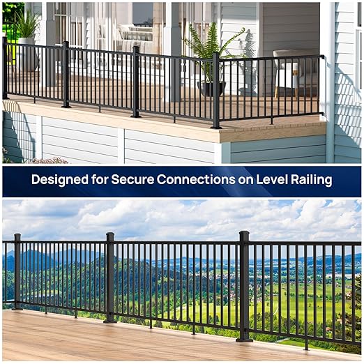 4 Pack Aluminum Fixed Railing Bracket Connector with Drill Bit, Deck Railing Bracket, Black Textured Powder-Coat Finish Railing System for Outdoor Decks, Porches & Balconies