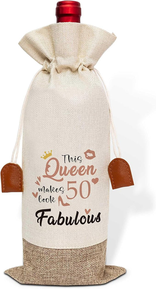 Funny 50th Birthday Wine Bag, Cotton Linen Wine Gift Bag With Drawstring, Wine Champagne Bottle Gift Bag, 50th Birthday Gifts Wine Bag for Woman Her Friend Sister, 50th Birthday Party Favors-26