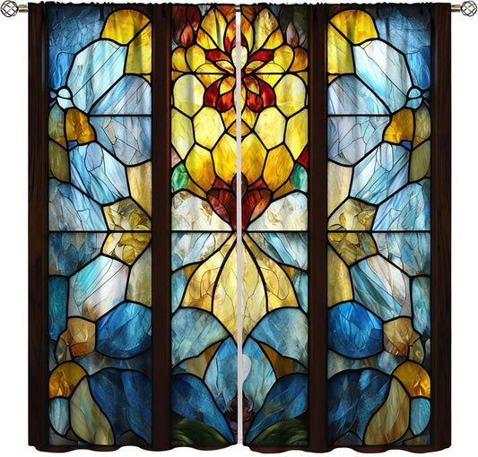 Stained Glass Curtains,Retro Abstract Colorful Art Home Decor Drapes for Bedroom Living Room Kitchen Window Treatment 2 Panels Set Total Size 63" W X 63" L Inch