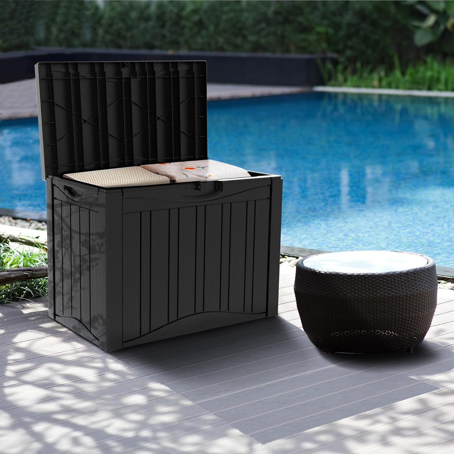 45 Gallon Outdoor Storage Box Waterproof Lockable Resin Deck Box Large, Patio Storage Bin for Pool Accessories Cushion Furniture, Garden Tools, UV-Resistant Outside Delivery Black