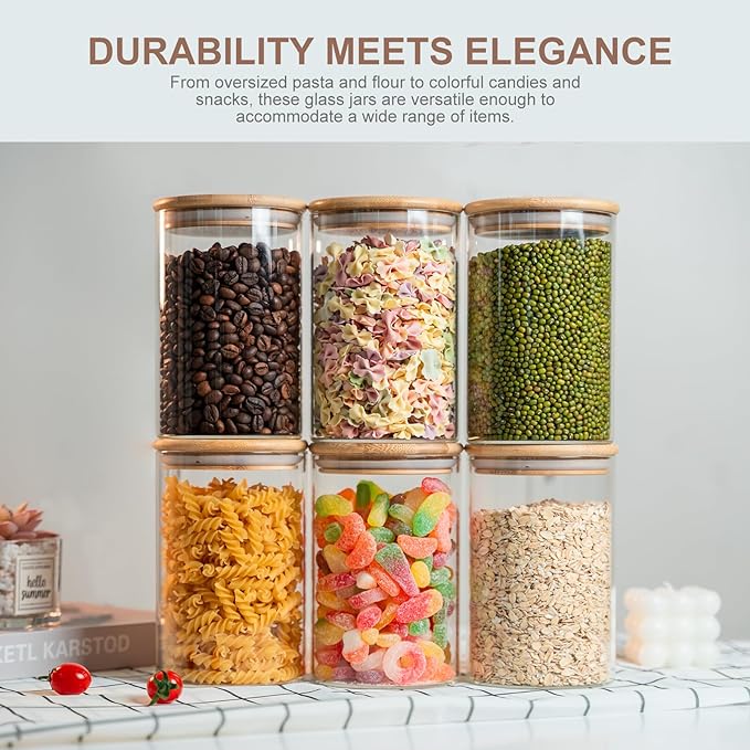 Glass Food Storage Jars 6-Pack 37oz - 4x6 in-Clear Glass Food Canisters with Bamboo Lid Airtight For Serving Tea, Coffee, Flour, Sugar, Candy, Cookie, Spice and More (Circular)