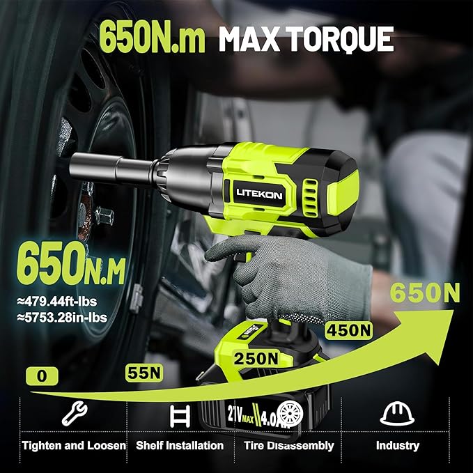 Cordless Impact Wrench 1/2 Inch, 480Ft-lbs (650N.m) Brushless High Power Impact Wrench Tool with 2x4000mAh Battery, 2500RPM High Torque Impact Gun, 7 Sockets for Home Car/Truck RV/Mower -2025 Upgraded