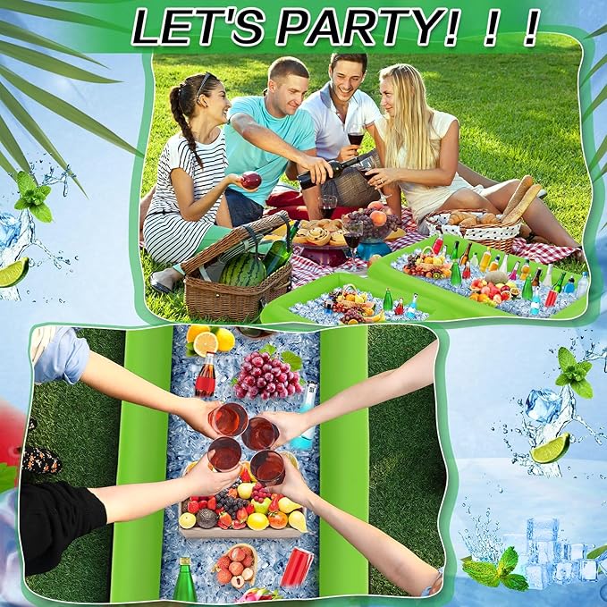 Leitee 4 Pcs Inflatable Ice Serving Bars Buffet Serving Tray Drink Cooler for Pool Party Inflatable Ice Tray Floating Food Drink Containers with Drain Plug and a Hand Pump, 2 Sizes (Green)
