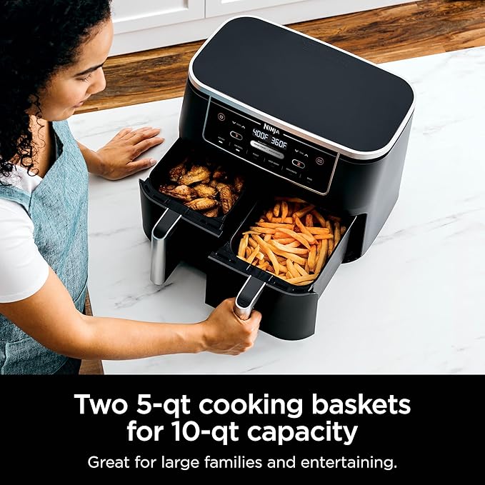 Ninja DZ302 Foodi 10-qt. 6-in-1 DualZone Smart XL Air Fryer with 2 Independent Baskets, Match Cook & Smart Finish to Air Fry, Air Broil, Roast, Bake, Dehydrate, & Keep Warm, Black