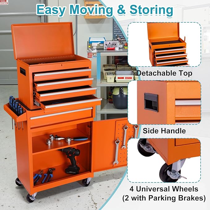 Tool Chest 5 Drawers Garage Storage Cabinet 2 in 1 Steel Frame Tool Chest with Wheels, Protective Liner, Detachable Top and Adjustable Shelf, Tool Box for Garage Workshop, Orange