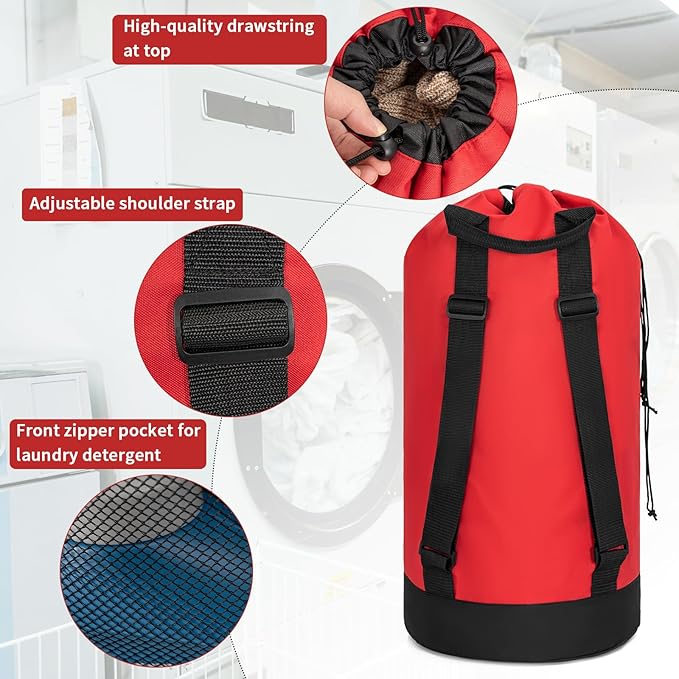 Laundry Bag Backpack with Shoulder Straps and Mesh Pocket Foldable Laundry Hamper for College, Apartment, Laundromat (Red)