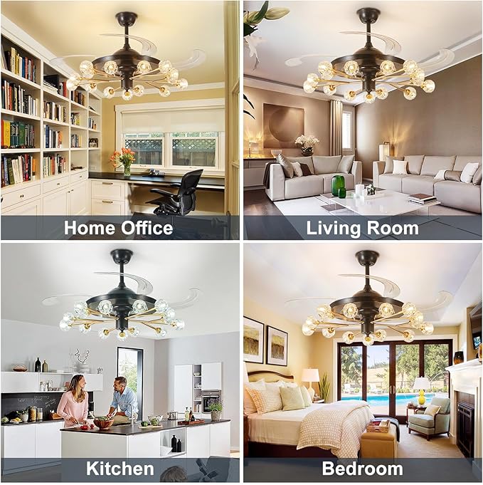 Sputnik Ceiling Fan with Light: Black Modern Chandelier with Fan for Indoor - Crystal 48" Fandelier with 15 Lights for Living Dining Room Kitchen - Retractable Ceiling Fan with Lights