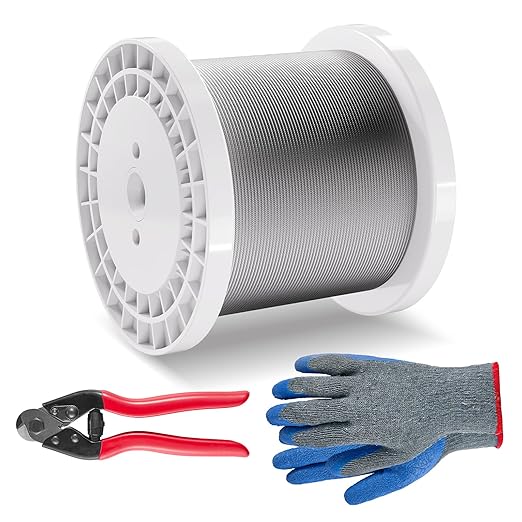 VEVOR 1/8 Stainless Steel Cable, 1000 FT 316 Cable Railing Kit with Cutter and Gloves, 1600 lbs Breaking Strength, 7x7 Strands Marine Aircraft Cable for Handrail Stair Decking Fence Outdoors