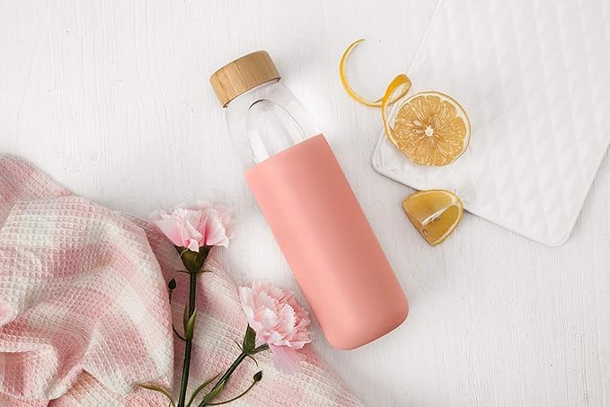 veegoal Glass Water Bottles 25 Oz Borosilicate with Bamboo Lid, BPA-FREE, Non-Slip Silicone Sleeve, and Stainless Steel Leak Proof Lid - Reusable Glass Bottle for Men and Women
