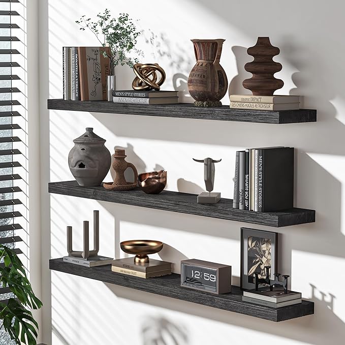 Floating Shelves for Wall, USA-Sourced Fir Wood 24 Inch Wall Shelves Set of 2, Natural Rustic Solid Wooden Floating Shelves Wall Mounted, Nursery Book Storage Shelf, Display Shelf for Bathroom