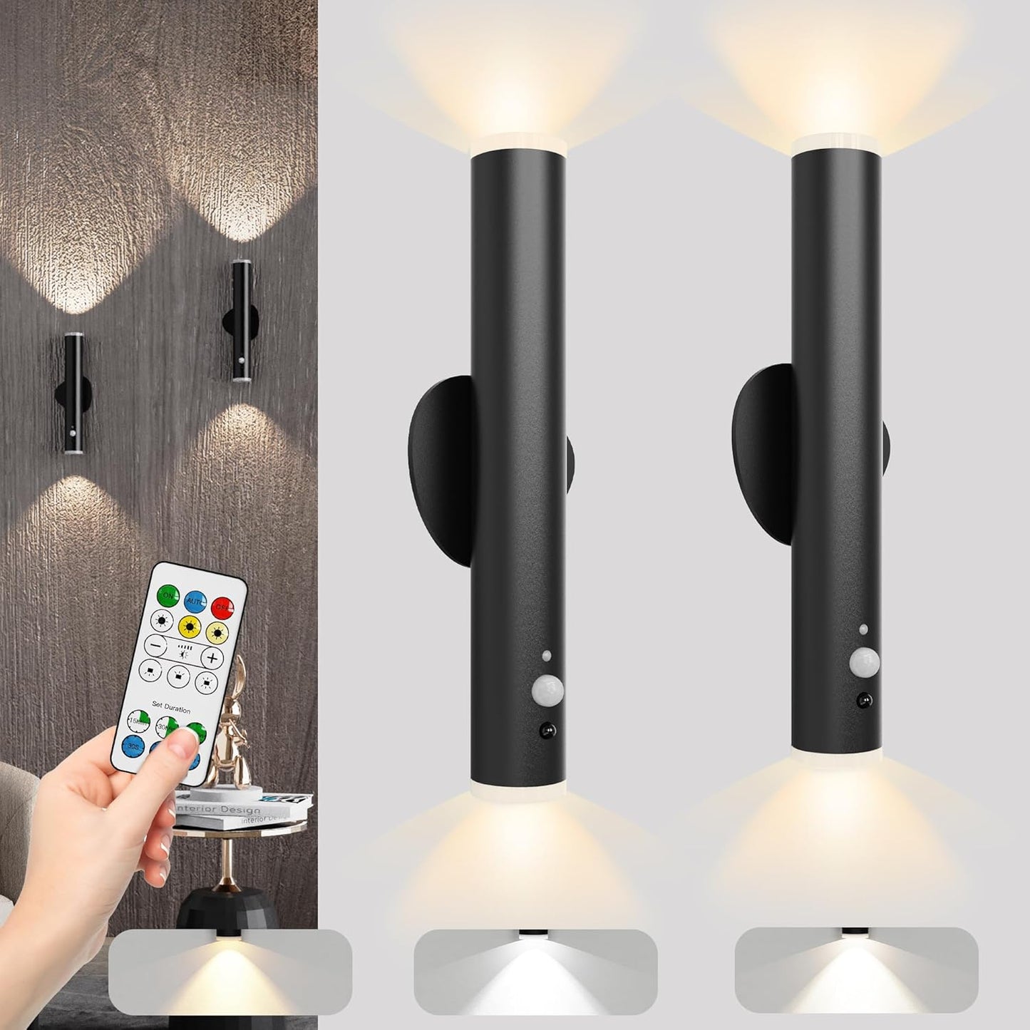 Battery Operated Wall Sconce Set of Two, Rechargeable Wall Lights with Motion Sensor, Remote Control, Dimmable Metal Magnetic Wall Lamp for Decor, Bedroom, Night Light (Black, 2 Pcs)