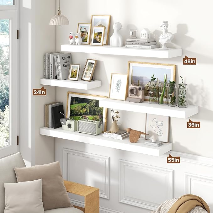 Heimlove 55 Inch Floating Shelves for Wall,10 Deep 10 Deep Large White Wall Shelf with Heavy Duty Brackets,Mounted Storage & Display Shelves for Bedroom,Living Room,Kitchen,Office,Set of 2