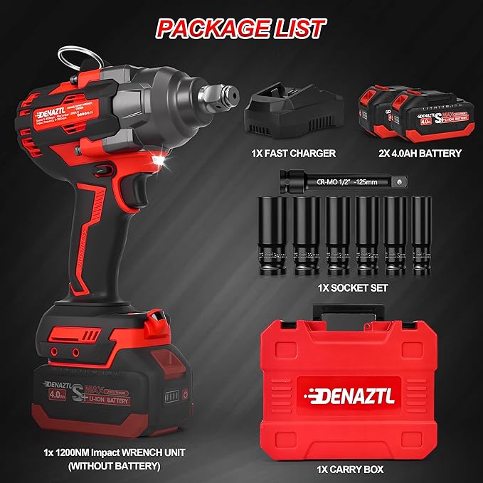 900ft-lbs Impact Wrench 1/2 Cordless Impact Gun, 21V High Torque Impact Driver, Auto-stop, LED Light, 6 Sockets, 2x 4.0Ah Battery& Fast Charger, Electric Impact Wrench for Car/Truck/Mower