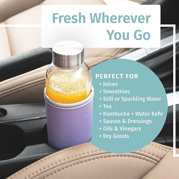 Glass Water Bottles 6 Pack With Sleeves and Stainless Steel Lids - 18oz Size - Leak Proof Caps, Reusable and Perfect For Travel and Storing Beverages Juice, Smoothies, Kombucha, Kefir, Tea