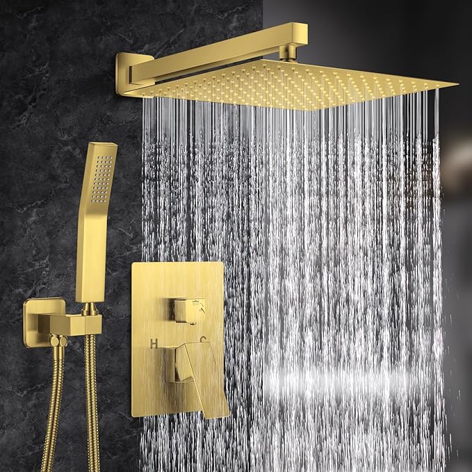 NERDON Shower System, 12 Inch Brushed Gold Shower Faucet Set with Rain Handheld, Wall Mounted Shower Faucet sets Complete for Bathroom Shower Fixtures Rough in Valve Body and Trim Kit
