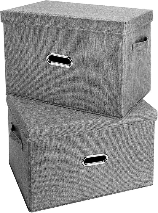 Large Linen Fabric Foldable Storage Bins with Removable Lid and Handles, Washable Storage Box Organizer Containers Baskets Cube with Cover for Bedroom,Closet,Nursery (Grey, Large(2-Pack))