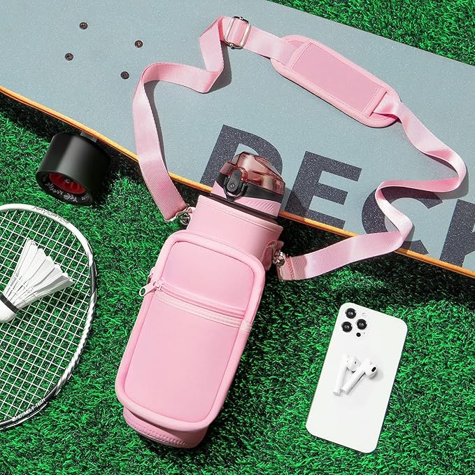 Fimibuke 32 oz Water Bottle with Sleeve - BPA Free Leakproof Sport Large 1L Plastic Motivational Water Bottle with Straw Strap & Insulated Neoprene Holder Carrier Bag Great Xmas Gift for Women Men