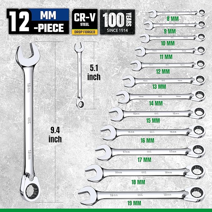 SK Reversible Ratcheting Wrench Set, Combination Wrench Set, 12-Piece, Metric 8-19 mm, 72-Tooth, Premium CR-V Construction, with Rack Organizer