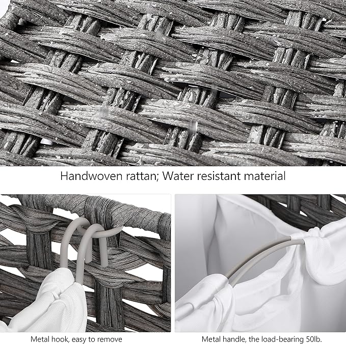 Laundry Hamper with 3 Removable Liner Bags; 132L Handwoven Rattan Laundry Basket with Lid & Heightened Feet; Clothes Hamper with Side Handles; Laundry Sorter with 3 Separate Sections (Gray)