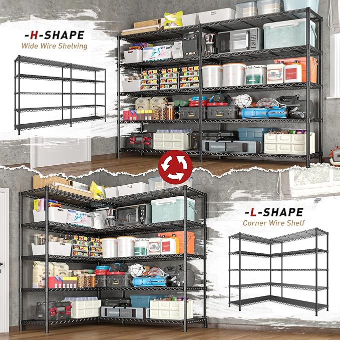 REIBII 73''W Storage Shelves Load 1650 LBS Metal Shelving 5-Tier Wire Shelving Unit for Storage Rack Adjustable Heavy Duty Metal Shelves for Pantry Kitchen Garage, 17.7" D x 73" W x 71" H