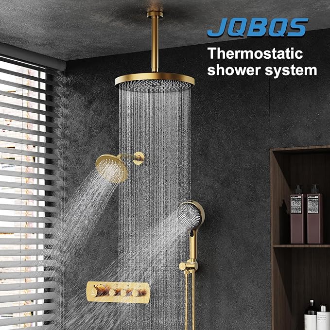 Shower System Brass Thermostatic Shower Faucet Set With Valve and Diverter Shower Mixer with 2 Rain Shower Head and Multi-function Handheld Head（Brushed Gold）
