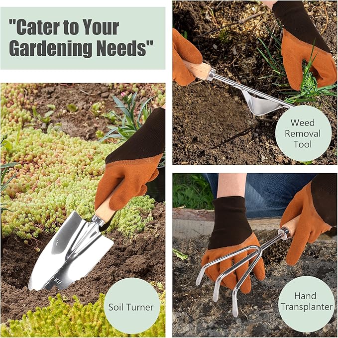 Garden Tools Set 10-Piece, Heavy Duty Stainless Steel Garden Hand Tools with Floral Tote Bag - Rust-Proof Garden Tools for Gardening, Gardening Gifts for Women Mom