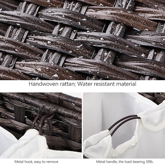 Laundry Hamper with 4 Removable Liner Bags; 176L Handwoven Rattan Laundry Basket with Lid & Heightened Feet; Clothes Hamper with Side Handles (Brown)