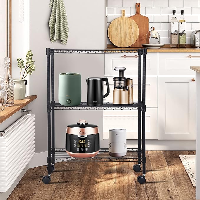 BestOffice | 3-Tier Wire Storage Shelves with Wheels | 23x13x31 | Black | Adjustable Racks | Heavy-Duty Metal Shelf, Holds Upto 170 lbs | No-Tool Assembly | Ideal for Home & Garage Shelving