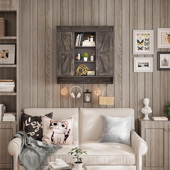 Farmhouse Medicine Cabinet 2 Sliding Barn Doors 3 Tier Rustic Wood Wall Storage Cabinet Adjustable Shelf Towel Bar Wall Mounted Bathroom Wall Cabinet
