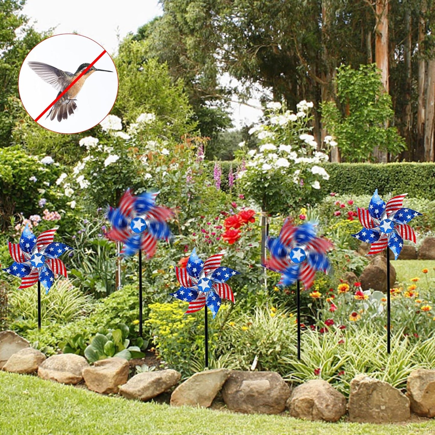 Hausse 10 Pack Reflective Pinwheels Patriotic Decorations, American Flag on Stick Wind Spinner with Stake for Independence Day, Memorial Day July of 4th Party Supplies, Scare Birds Repellent Devices