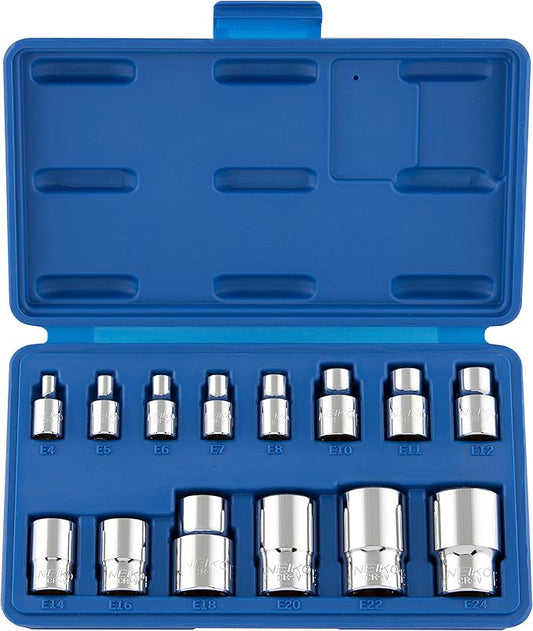 NEIKO 04300A E-Torx Socket Set, 14 Piece, External Torx, E4 to E24, 1/4", 3/8" and 1/2" Drive, Female Star, Inverted Socket Set, Cr-V Steel