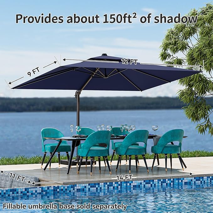 9x12FT Navy Cantilever Outdoor Patio Umbrella with Base, Large Rectangular Offset Design, Double Top Heavy Duty Aluminum Frame & 360° Rotation for Pool Garden Deck Backyard