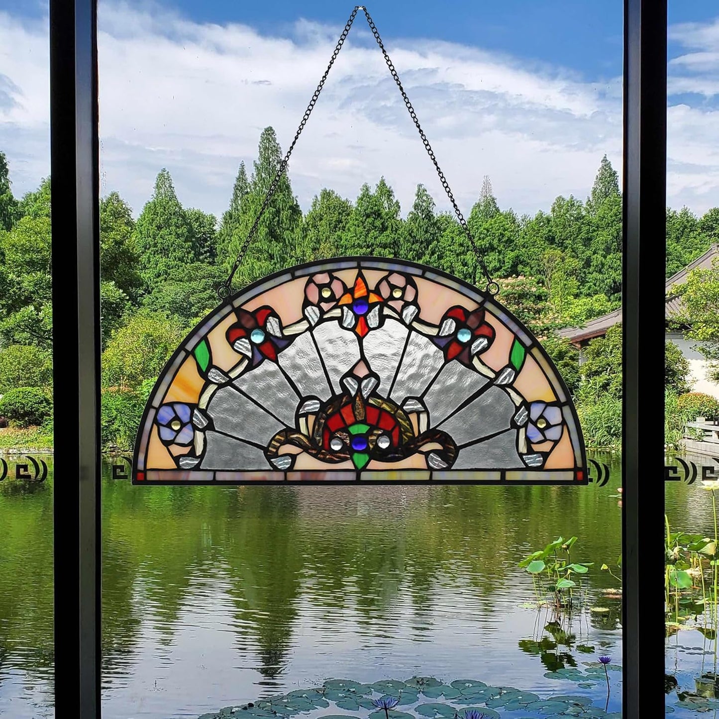YOURANJU Half Moon Stained Glass Window Hanging Tiffany Style 16" x 8" Half-Round Window Panel Housewarming Gift Living Room Bedroom Kitchen Window Decorative Hangings with Chain (Baroque)