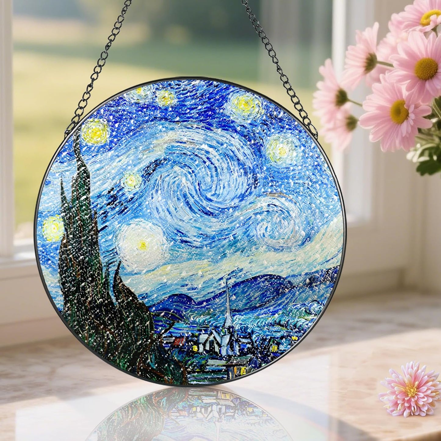 Stained Glass Window Hanging, Pauyadu Van Gogh Starry Night Sun Catchers, Stained Glass Suncatcher, Starry Night Decor Gifts for Her, Women, Art Lover, Friend - 8 Inch