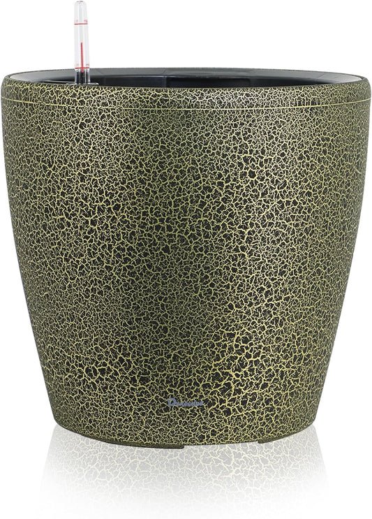 Dexceder 18x17 Self Watering Planter with Wheels Indoor Outdoor, Inner Pot Design, Thickened Large Floor Standing Flower Plant Pot with Water Level Indicator (Black Gold Crackle)