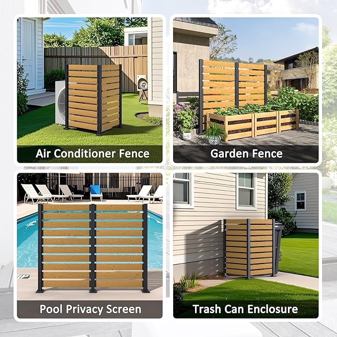 MUPATER 60in H×78in W No Dig Wooden Privacy Screen, Outdoor Wall Suit for Hard Ground & Soil, 2 Way to Use, Outdoor Privacy Fence Panel with Aluminum Post, Air Conditioner Fence, Natural (2 Panels)