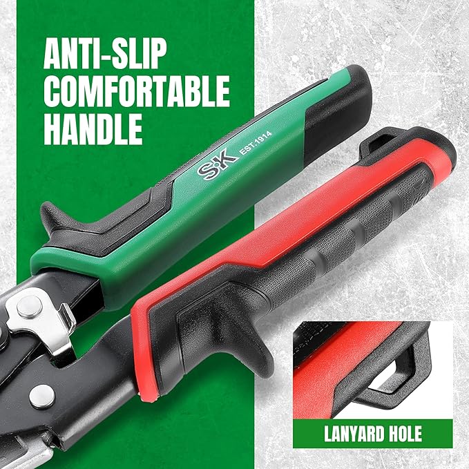 SK 10 Inch Aviation Tin Snips, Left Cut, Cr-Mo Steel Blade, Anti-slip Handle and Safety Latch, for Cutting Sheet Metal