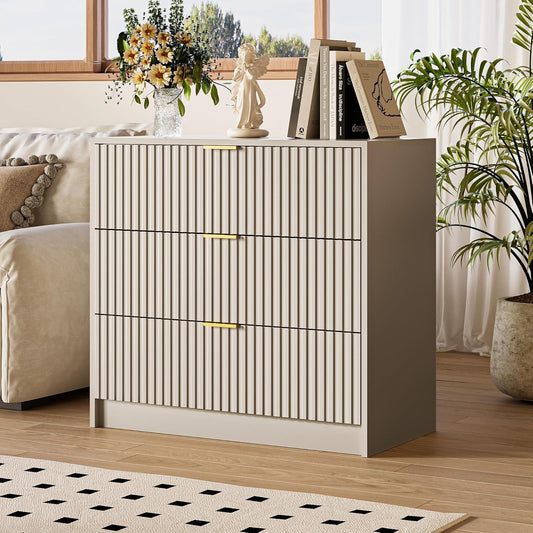 Fluted Dresser for Bedroom, 32 Inch Wide Nightstand with Large Drawer, 3 Drawer End Table for Bedroom, Living Rooms, Offices, and Entryways, Beige