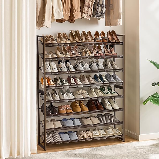 Shoe Rack, Long Shoe Organizer,Max Holds 50 Pairs,8 Tier Metal Shoe Storage Shelf,4-Tier Stackable Shoes Organizer for Garage, Entryway,Bronze