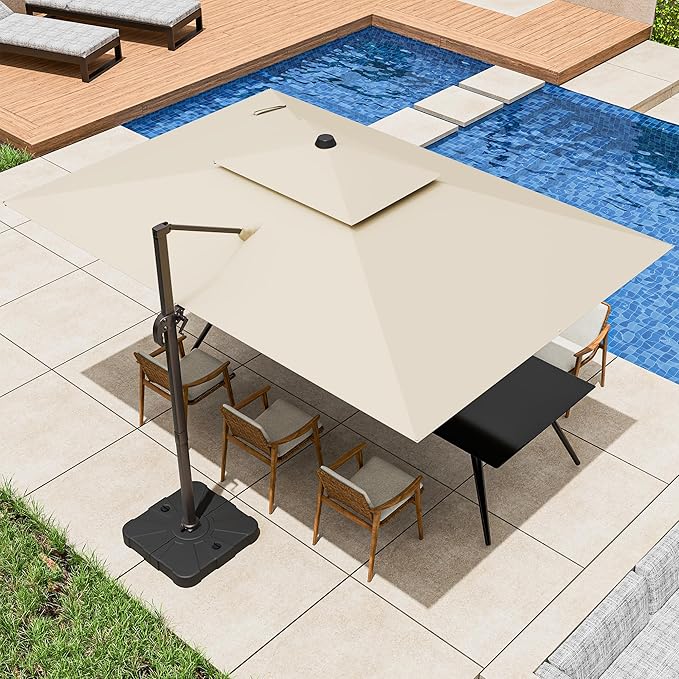 9x12FT Cantilever Patio Umbrella - Heavy Duty Double Layer Offset Design with 360° Rotation, Large Rectangle Sun Shade Umbrella for Garden, Deck, Pool, Backyard, Beige