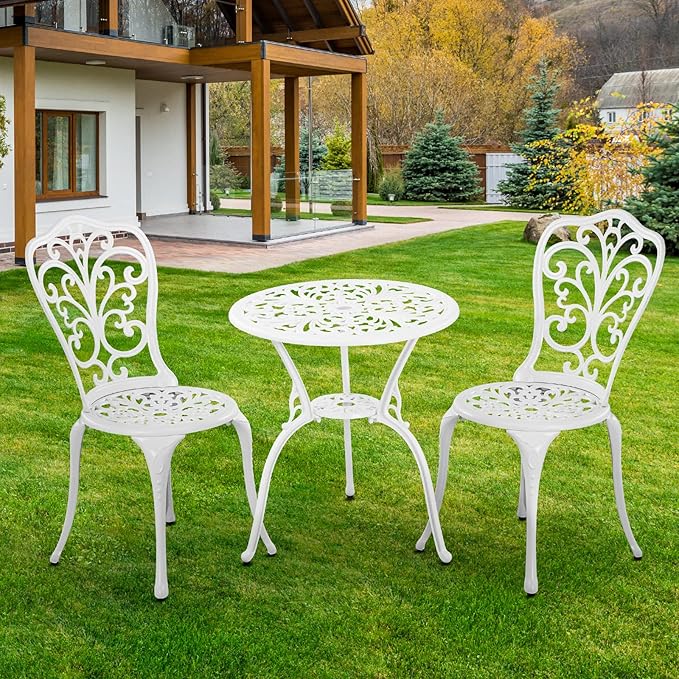 Bistro Set 3 Piece Outdoor Cast Aluminum Patio Bistro Set with Umbrella Hole, All Weather Bistro Table and Chairs Set, Small Patio Furniture Set for Garden, Porch,White
