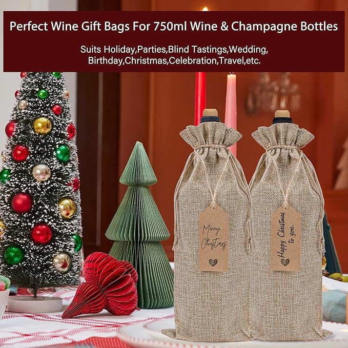 EVRWO Burlap Wine Bags 12 Pcs Wine Bottle Gift Bags Reusable Gift Bags With Drawstrings Tags & Ropes for Holiday Weedings Party, Birthdays, Travel, Blind Tastings, Home Storage 750ml (Natural)