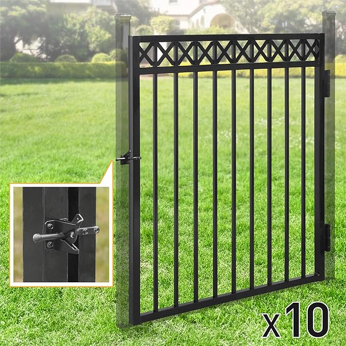 Fencer Wire Heavy Duty Flat Top X-Pattern Decorative Fence Gate, 4FT Height x 4FT Width Outdoor Fence Gate, Outdoor Anti-Rust Metal Steel Gate for Fencing Garden Barrier, with Gate Lock, Pack of 10