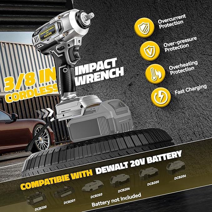 Cordless Impact Wrench Compatible with Dewalt 20v Battery: 250Ft-lbs(340N.m) 3/8 inch Brushless Electric Impact Gun, 2400RPM High Torque Impact Driver, Power Impact Wrench, Bare Tool Only