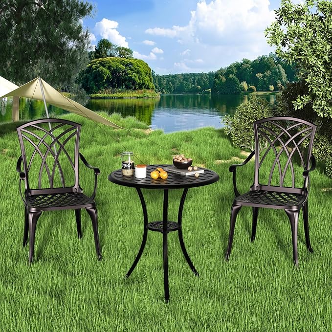 Patio Bistro Set 3 Piece, Cast Aluminum Bistro Set for 2 w/Umbrella Hole, Outdoor Table and Chairs Set of 2, Bistro Set for Balcony/Backyard/Garden, Black