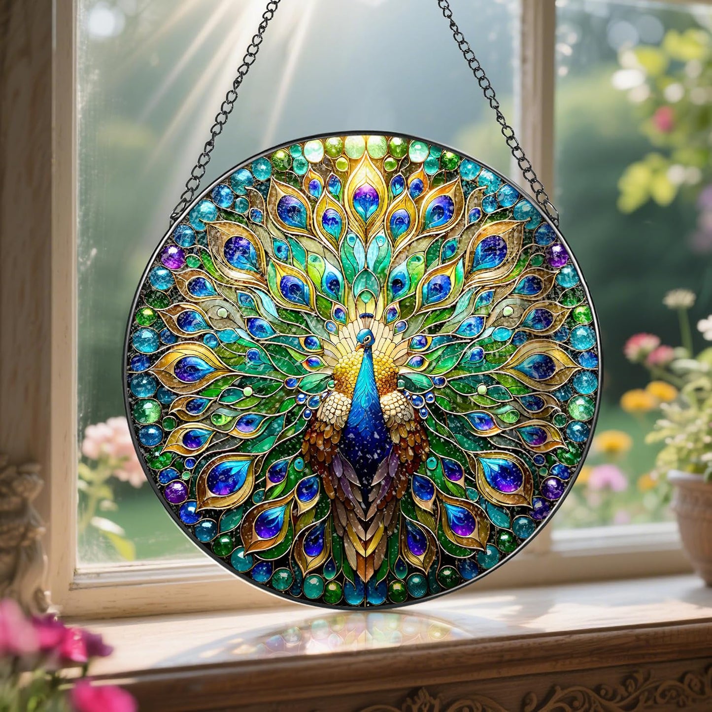 Stained Glass Window Hanging, LAOWEIKI 8'' Peacock Suncatcher, Stained Glass Ornament, Suncatchers for Windows Hanging, Window Decor, Outdoor or Indoor, Gifts for Women, Lovers, Couple, Friend, Bestie